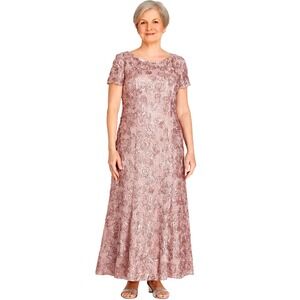 Alex Evenings Rosette A Line Gown Rose Pink Maxi Size 6 Short Sleeve Sequin